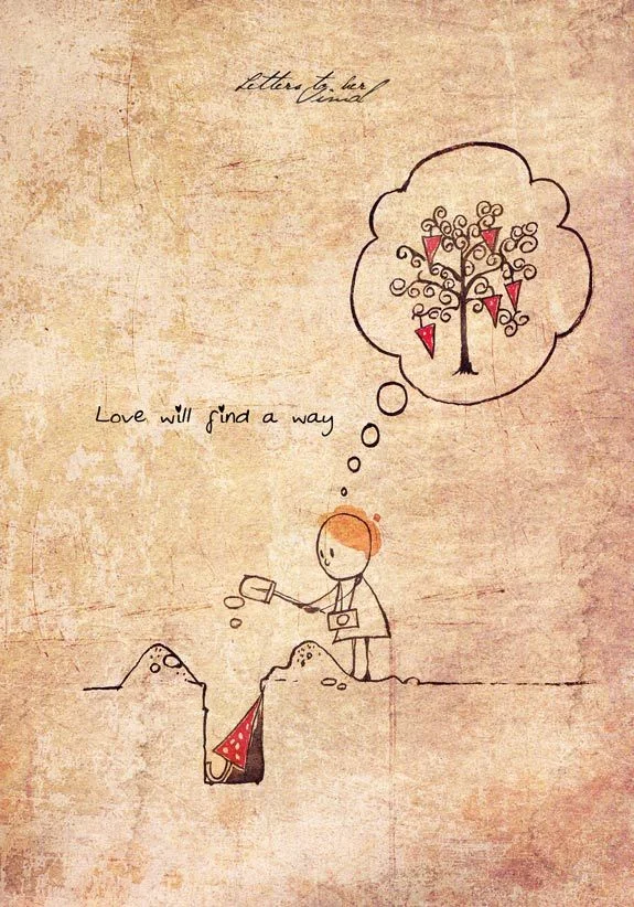 A sepia illustration of a figure thinking about flowers while holding a red bag.