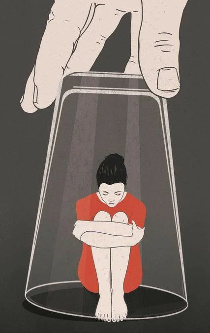 An illustration of a woman sitting beneath an upturned glass held by a hand.